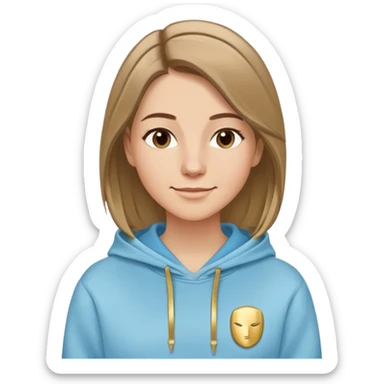 Caucasian woman, oval face, straight hair that is more brown than blonde with lighter blonde highlights, hair parted to the side, serene smile, dreamy expression, light blue hoodie with gold and white details sticker
