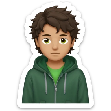 a 14 year old slightly tanned teenage boy with dark brown tousled wavy hair, wearing a green tshirt, with a dark green hoodie overcoat sticker