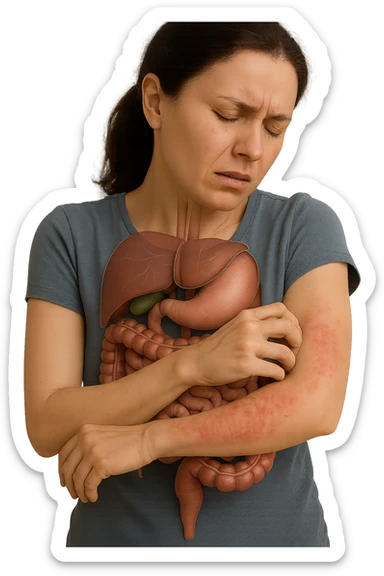 donna con intestino umano anatomico realistico che si gratta il braccio su cui ha un'eritema, iperrealistica 4k sticker