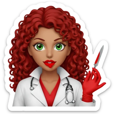 Lilith symbol sexy evil woman. She has green eyes.  had brown long curly hair.  evil surgeon kills with scalpel wears red sexy doctor coat with red mouth cover red gloves. Covers nose, neck  and mouth with red face berka sticker