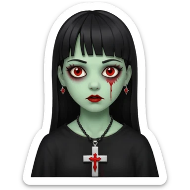 zumbi verde com olhos vermelhos sangrando e franja roupa preta e um crucifixo como colar, sem ser na testa e um piercing no nariz bem feminino a franja reta também  sticker