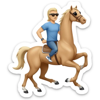 friendly anthropomorphised stallion in jeans and a t-shirt, wearing dark sunglasses, jogging upright in relaxed pose sticker