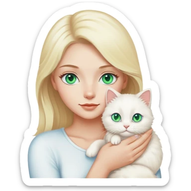 Mulher loira com olhos azuis segurando gatinho peludo branco de olhos verdes sticker