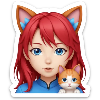 cute anime girl with cat ears, red blowing hair sticker