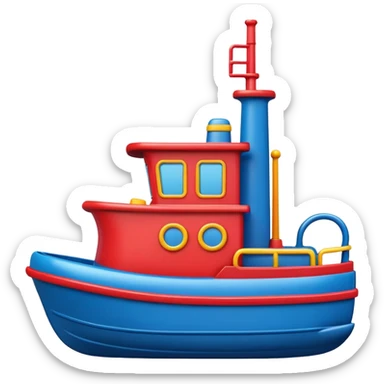 A colorful toy tugboat with a cute cheerful face and a red and blue body sticker