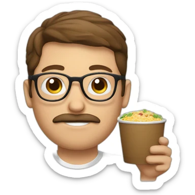brown hair white guy with mustache wearing rounded glasses with meal in hands sticker