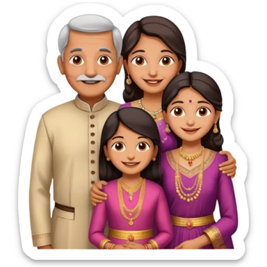 Indian family with a 70 years old father and mother and a 40 years old daughter. They wear a traditional dress. They are smiling. sticker