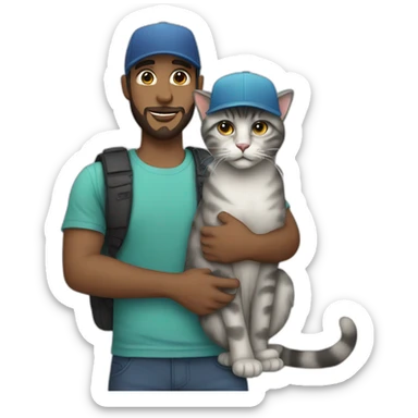 a white man with a short beard and a snapback hat holding a big grey cat sticker