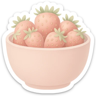 Make the colors of the fancy pastel pink bowl heaped with ripe strawberries softer and less saturated, avoid high contrast, keep the style as emoji, with no background. The style should resemble emoji style with soft pastel colors and no background. sticker