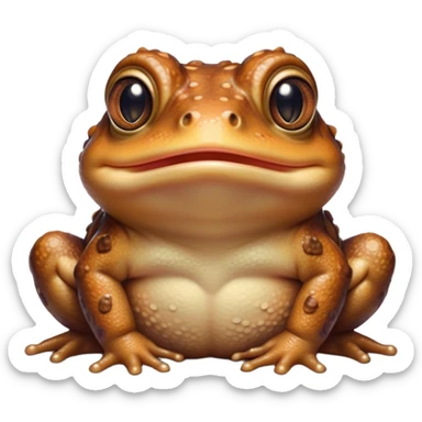 Cinematic Cute Toad Portrait Emoji, Head tilted playfully and inquisitively, featuring a charmingly plump form with bumpy, textured skin in rich earthy hues and round, sparkling eyes full of gentle mischief, Simplified yet irresistibly adorable features, highly detailed, glowing with a warm, friendly woodland glow, high shine, affectionate and lively, stylized with a touch of whimsical nature charm, soft glowing outline, capturing the essence of a mischievous yet loving toad that seems as if it could hop out of the screen into your arms! sticker