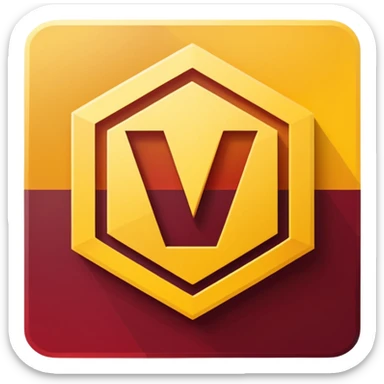 hexagon emblem with a thick yellow-to-gold outline and a dark red gradient inside. In the center, place a bold capital letter V in the same yellow-to-gold gradient as the outline. Keep the shapes clean and geometric, with smooth color transitions and no background color. sticker