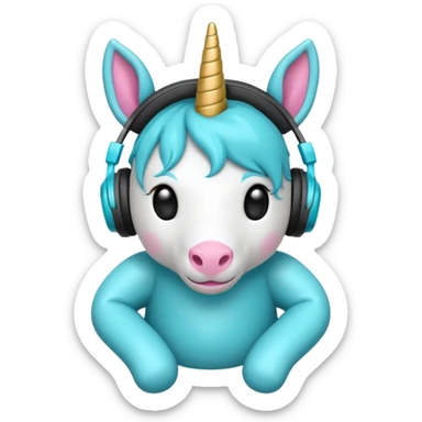 Unicornio bebé cyan sentado escuchando música con auriculares negros sticker