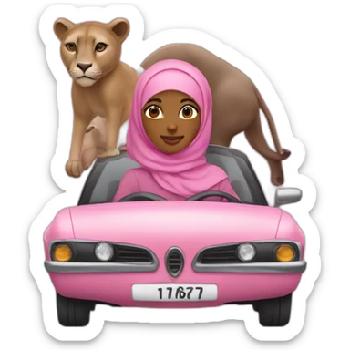 hijabi brown girl in pink car with wild animals sticker