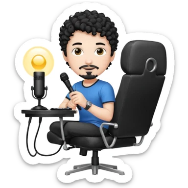 a setup of a youtuber his blach curly short hair, white skin, a thin goatee, with a desktop pc on a table, a gaming chair, microphone, ring light sticker