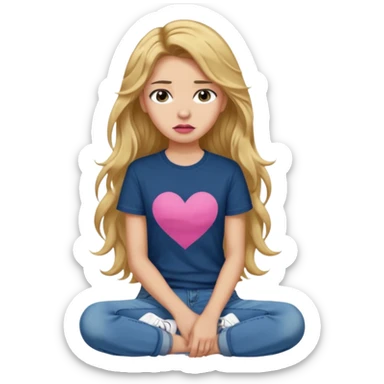 > 14-year-old girl, 161cm, slender, long wavy golden hair, tan skin, full pink lips, long lashes, thick eyebrows, dark blue t-shirt, faded jeans, black sneakers, quiet sadness in her expression, soft moody lighting, ultra-realistic portrait. sticker