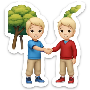 A cute 4-year-old Japanese boy with a big proud smile, shaking hands with another boy to make up after a fight, in a sunny park. Toys on the ground, both looking happy and relieved, warm friendship vibe, cartoonish style, vibrant colors, high detail. sticker