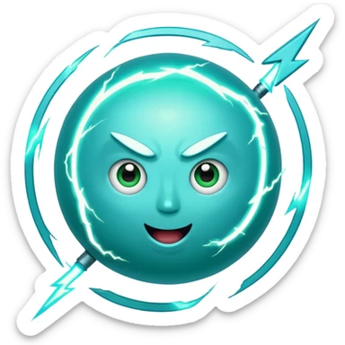 Uranus planet emoji in Apple-style, blue-green with dynamic rings, large fun excited expressive face, big clearly visible lightning bolt, symbolizing chaotic unexpected energy sticker