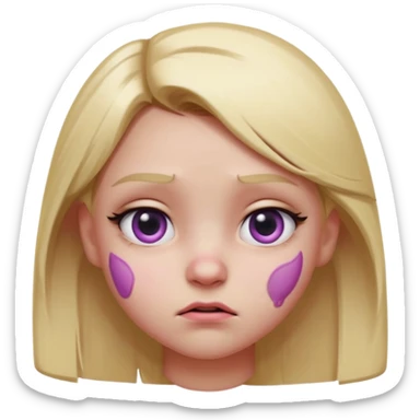 Blonde girl emoji, head and slight shoulders visible, one eye bruised pink and slightly swollen (cartoon black eye), soft pink-purple bruise shading around eyelid, cute but annoyed expression, glossy smooth 3D emoji render, centered composition, clean lighting, white or transparent background. sticker