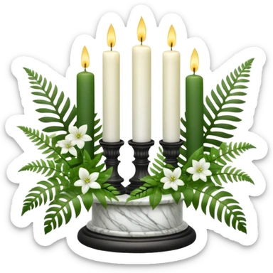 Aesthetic scene of Candles white and with flowers and marble pedestals and lush vines and ferns sticker