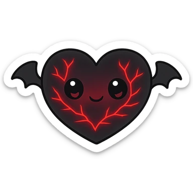 black gothic heart with glowing red veins and very tiny gothic bat wings, ornate, dark, elegant, kawaii style sticker