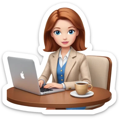 A Barbie girl with blue eyes, shoulder-length reddish-brown hair, made-up, wearing a white tweed jacket and beige skirt, is sitting at a table with a MacBook and a cup of coffee sticker