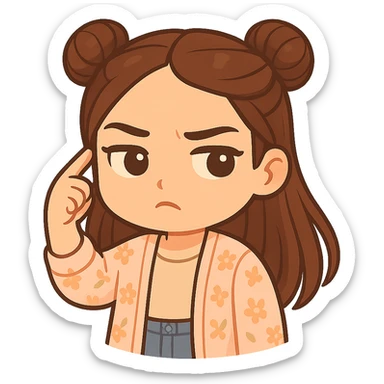 Create a chibi sticker of the girl from the reference image. She is twirling her finger at her temple with an unimpressed, judging expression (not angry). She has brown straight hair styled in double buns, brown eyes, wearing a pastel floral cardigan and jeans. The sticker should have a white outline and a transparent background, sized 512x512px. sticker