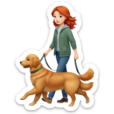 A red short-haired girl walking a golden retriever sticker