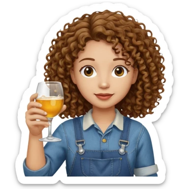 Curly haired curl with brown hair and light skin in overalls toasting with alcohol sticker