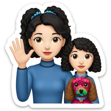 Ponytail black hair girl with brown Poodle say goodbye  sticker