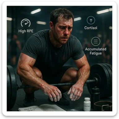 A muscular man in his early 30s, mid-workout in a gym, sweating heavily, expression showing fatigue and strain but still focused. He’s performing heavy barbell squats or deadlifts, with chalk-covered hands, and a visible training logbook nearby showing notes like 'Week 4 – High Volume'. Slight dark circles under his eyes, subtle red irritation around joints and tendons, symbolizing overuse. A water bottle, magnesium supplement, and lifting belt on the floor. Background: a real gym environment with other athletes, slightly blurred. Ambient lighting: cool tones with overhead gym lights. Optional floating icons showing high RPE, accumulated fatigue, cortisol levels slightly elevated. Style: cinematic realism, emotionally intense yet grounded in sports physiology. sticker