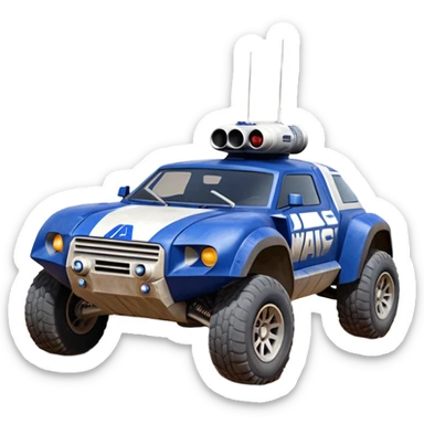 Weathered and well armed Star Wars’s Range trooper’s police evil darkly night blue Dirty and dented Local Motors Rally Fighter off road race car hot rod meets hummer trophy truck-style basher flying down a dusty road catching everything (silver wheels) sticker