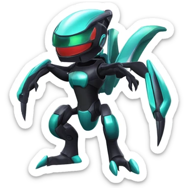 a shiny black Genesect-Flygon-Raptor-Fakémon-Medabot-hybrid with a futuristic visor-helmet full body sticker