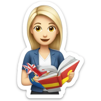 English teacher female with English book with Ukrainian flag  and usa flags sticker
