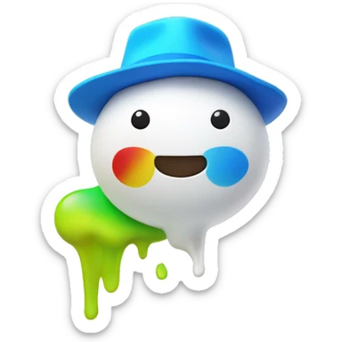 happy white toy puddle with bright blue, yellow, bright green, red and black hat sticker