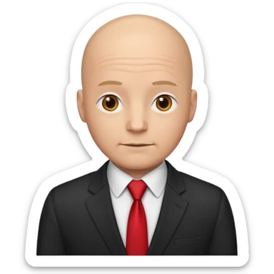 a bald man in a suit with a red tie sticker