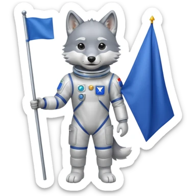 a wolf in space suit, holding blue rectangle flag, full body, front view sticker