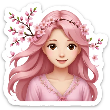 . A girl with long, flowing hair adorned with cherry blossoms, wearing a light pink  blouse and a dreamy smile. sticker