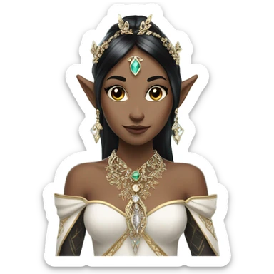 elf princess with pointy ears, white skin, BLACK hair with jewellery,  sticker