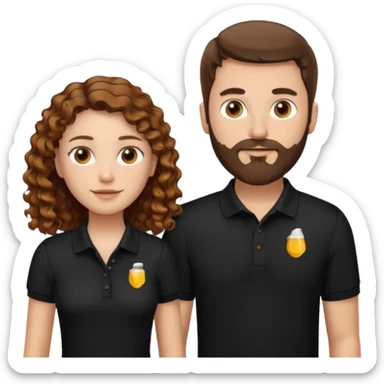 Criar Casal - Homem branco de cabelo liso e olhos marrom, com barba, camiseta polo preta e mulher de pele branca cabelo cacheado marrom longo e olhos mel sticker