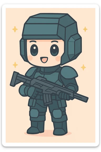 Make the helmet more square and angular, less round, while keeping the anime sci-fi soldier style. The helmet should be dark turquoise in color. sticker