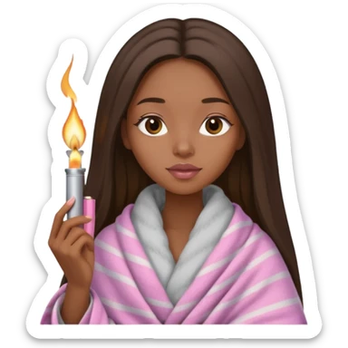 Curvy, light brown long hair, pretty black girl light pink lipgloss wrapped in blanket holding a lighter and blunt sticker