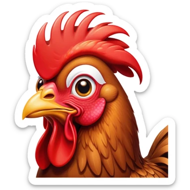 Cinematic Cute Brown Rooster Portrait Emoji, Head tilted playfully and inquisitively, featuring a glossy, immaculate brown plumage with a vibrant red comb, round, sparkling warm eyes filled with curiosity, Simplified yet irresistibly adorable features, highly detailed, glowing with a warm, friendly glow, high shine, affectionate and spirited, stylized with a touch of farmyard whimsy, bright and endearing, soft glowing outline, capturing the essence of a mischievous yet loving rooster, so playful it feels like it could strut out of the screen and into your arms! sticker