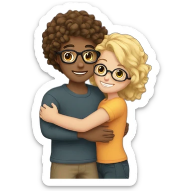 boy with curly blonde hair and glasses hugging girl with black hair and glasses sticker