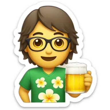 Japanese wearing roundglasses alohashirt is holding beer sticker
