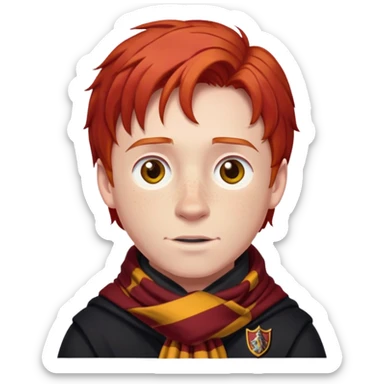 Ron Weasley with red hair, freckles, Gryffindor scarf sticker