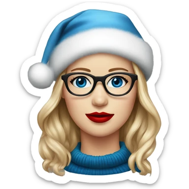 Realistic Jennifer Lawrence,  black glasses, blue eyes with red lipstick and Christmas hat  sticker
