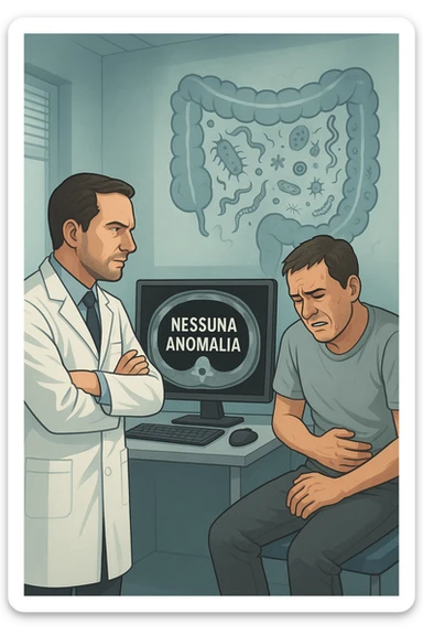 Medico in camice bianco in uno studio moderno, mentre osserva una TAC o ecografia su uno schermo con espressione convinta. Accanto a lui, un paziente seduto che lamenta dolori intestinali. Sullo sfondo, un’immagine traslucida dell’intestino pieno di piccoli parassiti stilizzati (vermi, protozoi), non visibili nel monitor medico. Il monitor mostra 'nessuna anomalia', ma dietro c’è la realtà invisibile. Atmosfera clinica ma con contrasto simbolico tra 'ciò che si vede' e 'ciò che sfugge'. Colori freddi, luce ospedaliera in italiano sticker