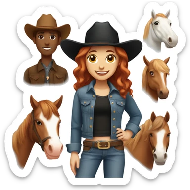 Girl with short red hair, with brown eyes, smiling, wearing a denim jacket and black shirt and a brown cowgirl hat, with her brown horse next to her that has a white spot on her forehead. sticker