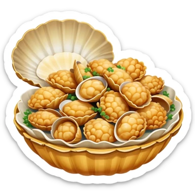 Qingdao fried clams in shell with garlic, simplified emoji style with bold outlines and bright colors, cartoon style Shandong seafood specialty sticker