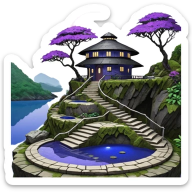 Crashed Alien saucer pool-house jungle winding staircase lakeside mountainside-island getaway haunted nighttime landscape antique mudman very old broken cracked intricate Stone Age lapis-crusted irregular dodecagon-shaped shallow dark moss rough bark violet serissa flowered maple tree bonsai sticker